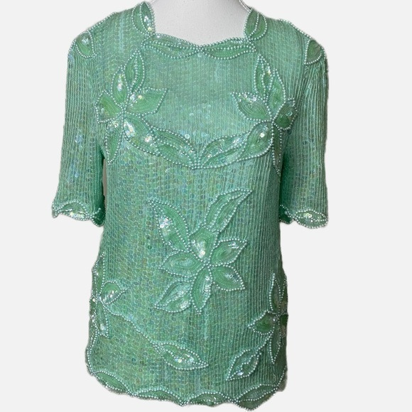 Scala Tops - Scala Vintage Fully Sequined Mint Green Short Sleeve Top with Pearl Accents
